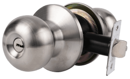 The TCKL-11 Knob Lock features a key-operated mechanism with a convenient push-button for easy locking and unlocking.