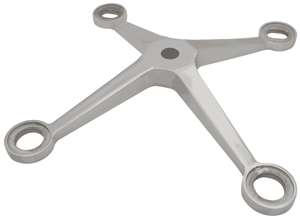 The TSP-B-224 is a four-way spider connector designed for frameless glass facades, providing stability and a seamless look without fins.